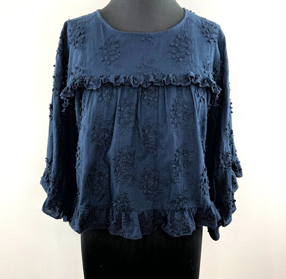 HICHE Navy Blue 3/4 Sleeve Round Neck Embroidered Floral Ruffle Yoke Flowy Top M